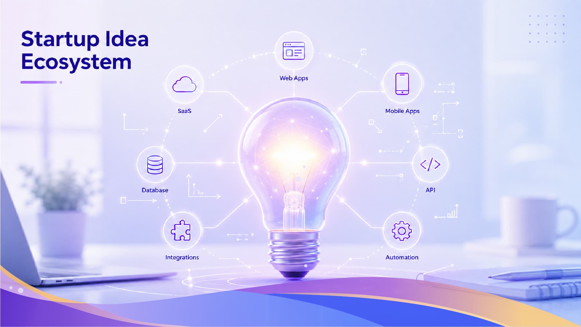 Startup idea ecosystem connecting web, apps, data, and automation